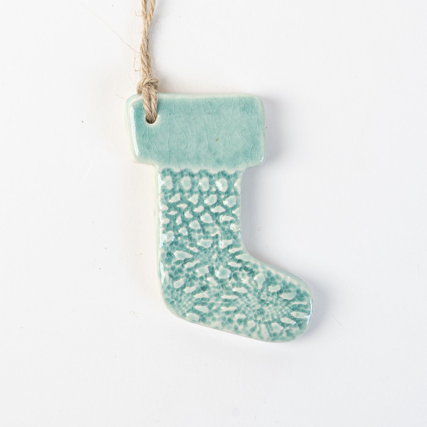 Arctic Blue handmade ceramic stocking christmas decoration handmade by the wirksworth pottery company 
