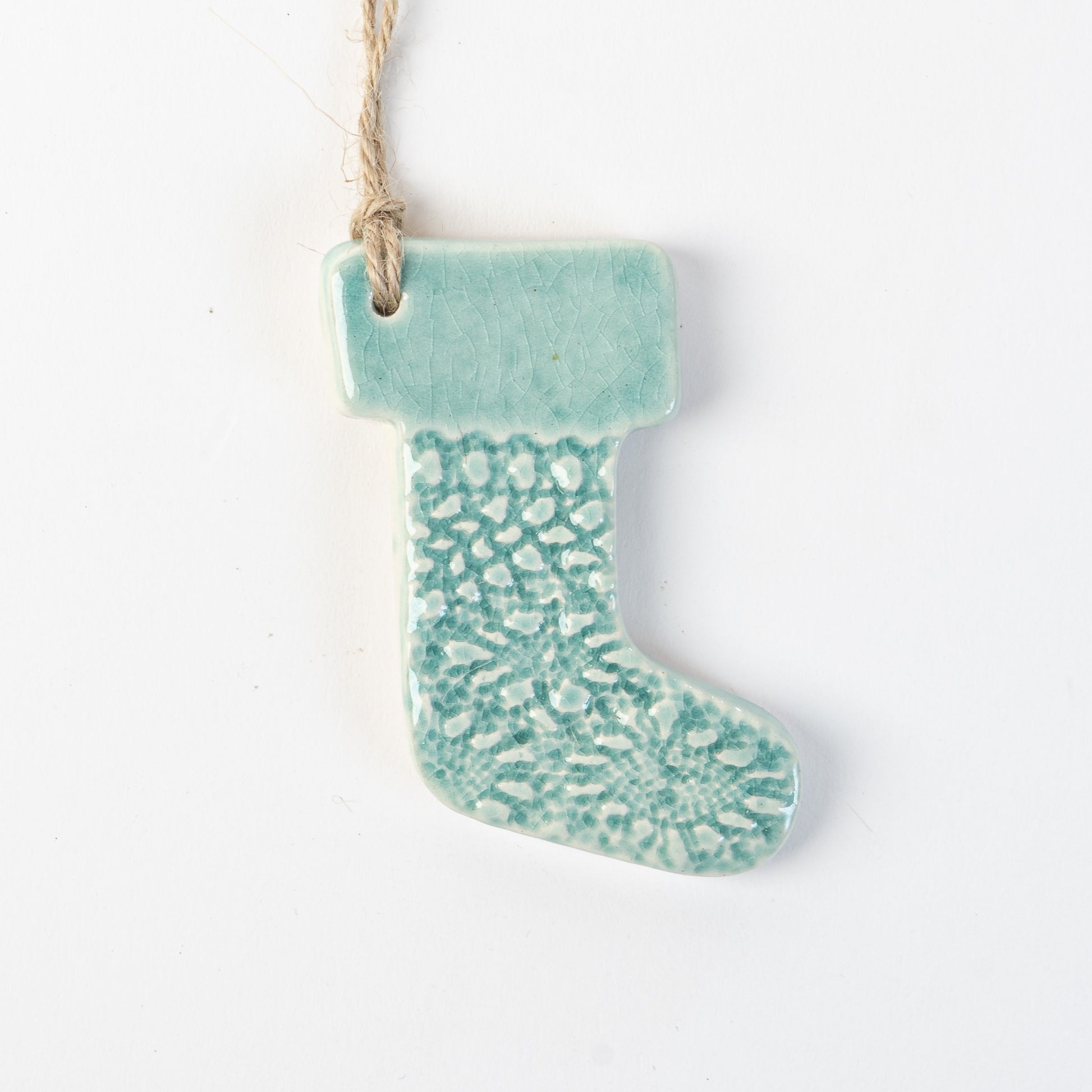 Arctic Blue handmade ceramic stocking christmas decoration handmade by the wirksworth pottery company 