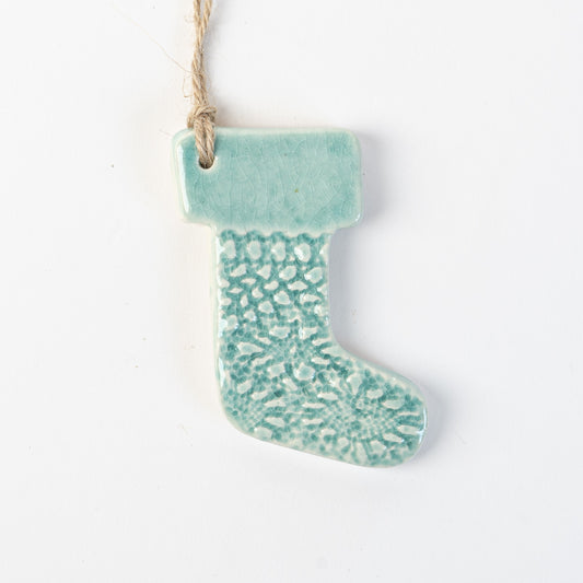 Arctic Blue handmade ceramic stocking christmas decoration handmade by the wirksworth pottery company 