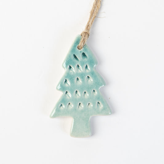 Arctic Blue textured Ceramic Christmas tree ornament on a white background handmade by the Wirksworth pottery company 