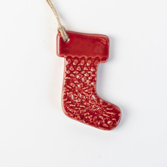 Candy Red handmade ceramic stocking christmas decoration handmade by the wirksworth pottery company 