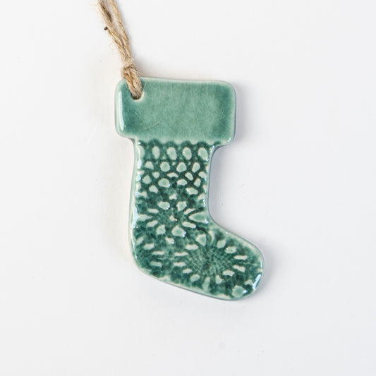 Fir Green handmade ceramic stocking christmas decoration handmade by the wirksworth pottery company 
