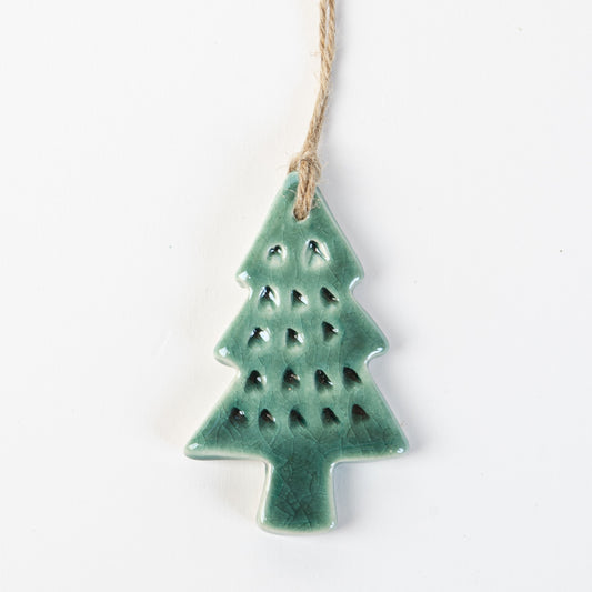 Fir Green textured Ceramic Christmas tree ornament on a white background handmade by the Wirksworth pottery company 