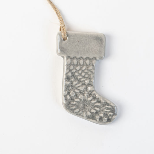 Grey Frost handmade ceramic stocking christmas decoration handmade by the wirksworth pottery company 