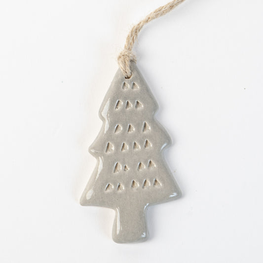 Grey Frost textured Ceramic Christmas tree ornament on a white background handmade by the Wirksworth pottery company 
