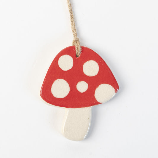 Handmade red toadstool, ceramic with hand painted decoration made by the Wirksworth pottery Company