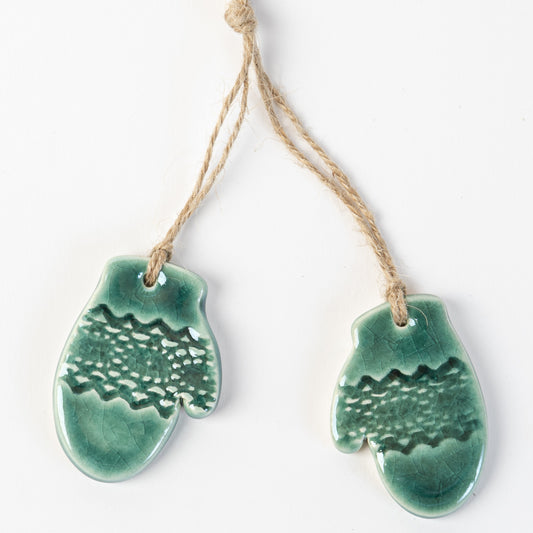 Handmade ceramic pair of mittens Christmas Decoration in Fir Green