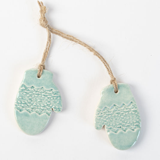 Handmade ceramic pair of mittens Christmas Decoration in Arctic Blue