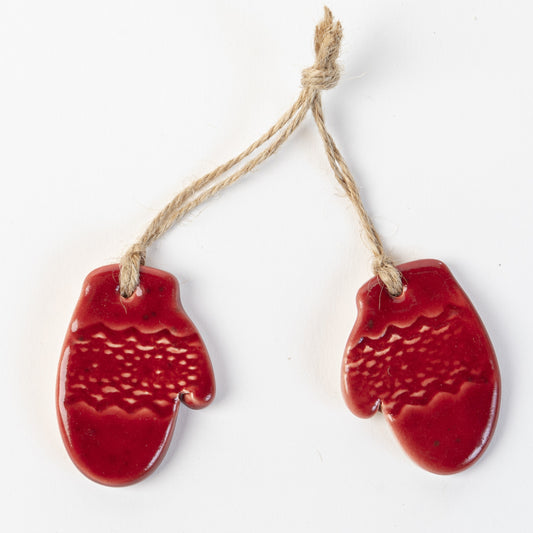 Handmade ceramic pair of mittens Christmas Decoration in Candy Cane Red