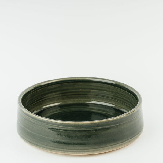Green ceramic large dog bowl on a white background