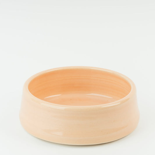 Pale pink ceramic pet bowl on a light grey background