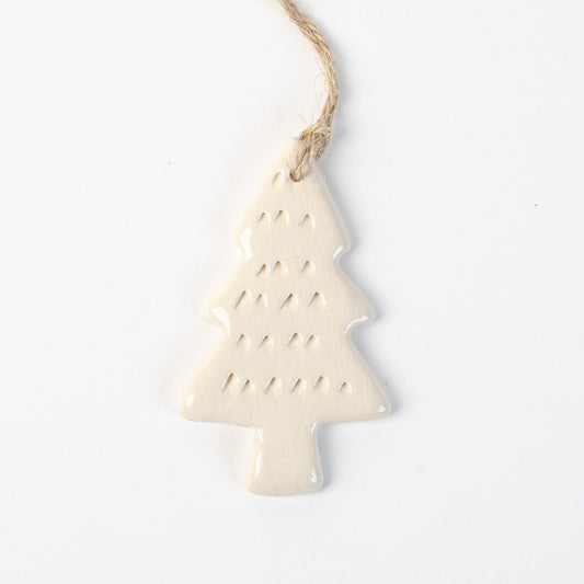 Ceramic Christmas tree ornament on a white background handmade by the Wirksworth pottery company 