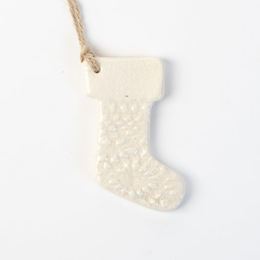 Polar white handmade ceramic stocking christmas decoration handmade by the wirksworth pottery company 