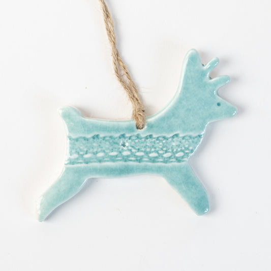 Arctic blue ceramic reindeer made by the wirksworth pottery company
