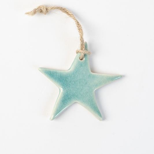 arctic blue Star-shaped ceramic ornament on a white background made by the wirksworth pottery company