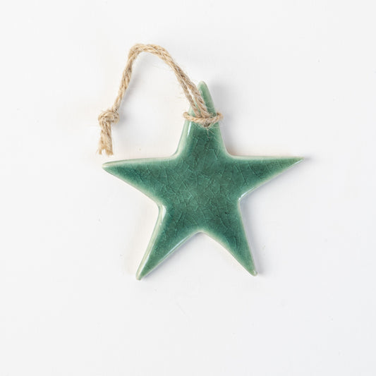 Fir green Star-shaped ceramic ornament on a white background made by the wirksworth pottery company