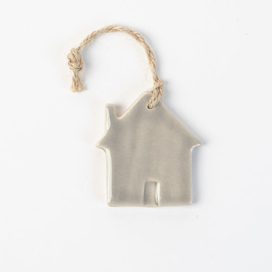 Grey Frost Ceramic house-shaped Christmas ornament made by the wirksworth pottery company.
