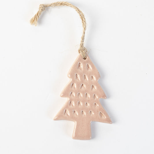 Winter rose textured Ceramic Christmas tree ornament on a white background handmade by the Wirksworth pottery company 